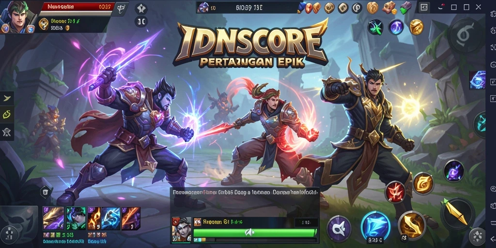 Tampilan gameplay seru dalam IDNSCORE dengan aksi MOBA yang mendebarkan.