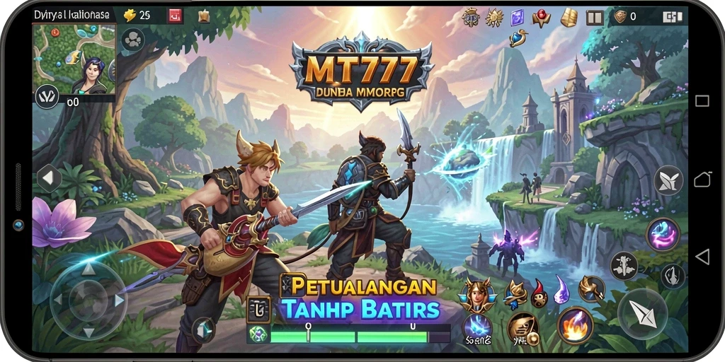 Tangkapan layar utama MT777 menunjukkan pertempuran seru di dunia MMORPG.