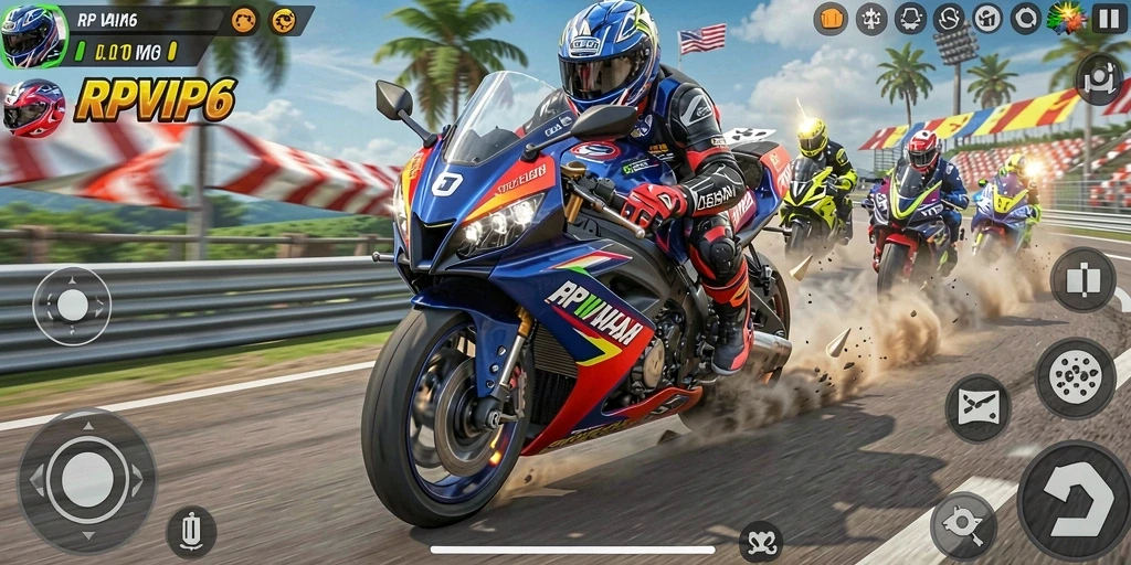 Menampilkan gameplay seru dalam balapan motor RPVIP6.